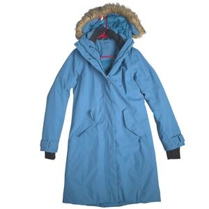 LL Bean Womens Down Insulated Parka Coat Blue Faux Fur Hood XS Reg
